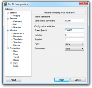 Putty serial settings