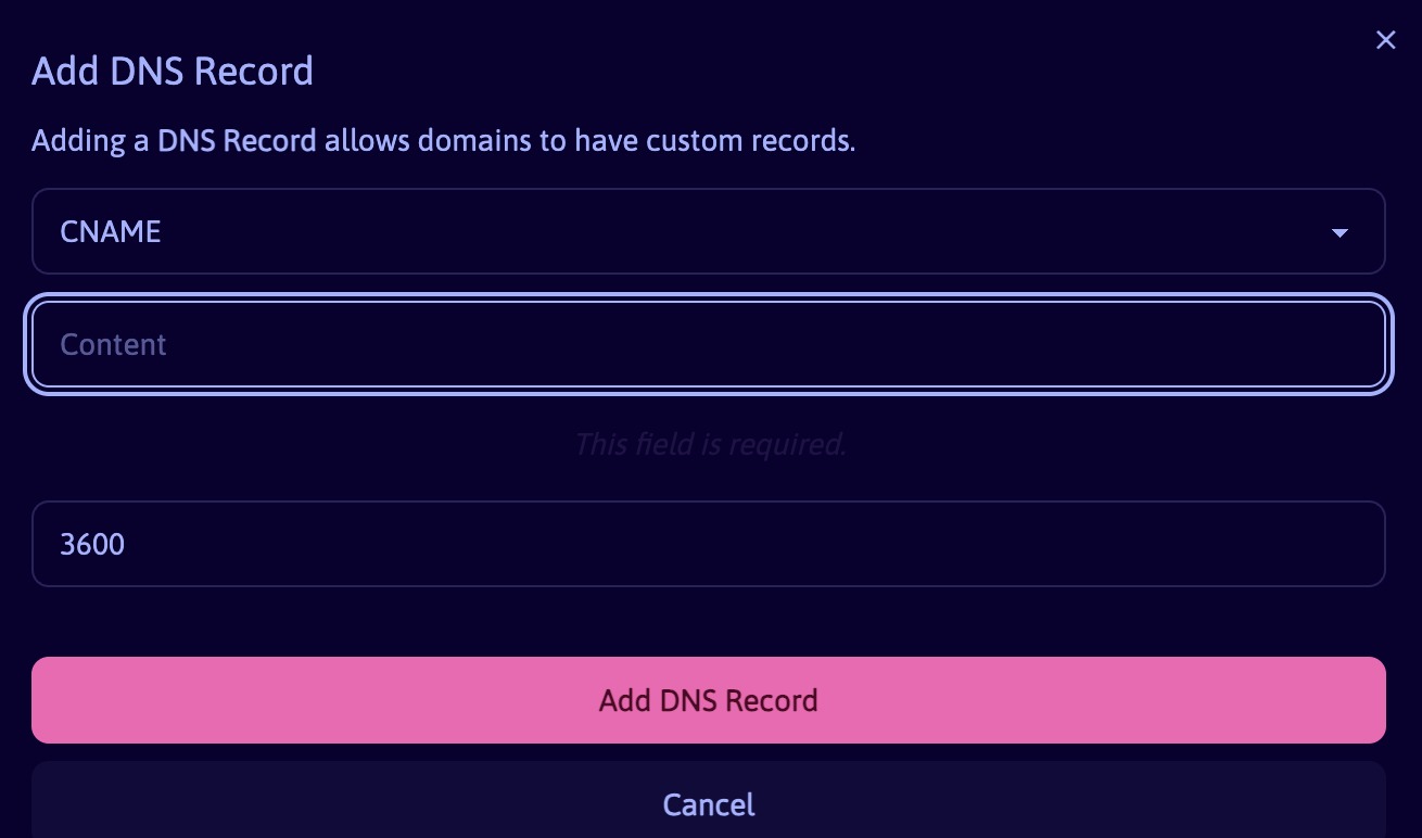 OpalStack single field CNAME entry